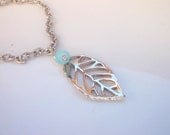 Gold leaf Necklace,skeleton leaf blue Crystal, filigree dangle gold Pendant , eco friendly gift for her, everyday jewelry .