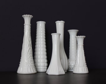 Set of 6 Vintage Milk Glass Vase Lot, Milk Glass Wedding, Shabby Chic Wedding, Vintage Wedding, Milk Glass Collection