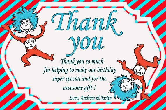 Dr Seuss thank you card, thing 1 and thing 2 thank you card, twins ...