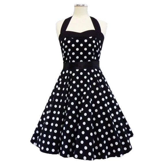 50s Black and White Polka Dot Rockabilly Dress Swing Evening