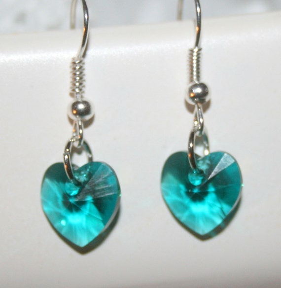 Swarovski crystal earrings, aqua earrings, beaded earrings, heart earrings, handcrafted, handmade jewelry