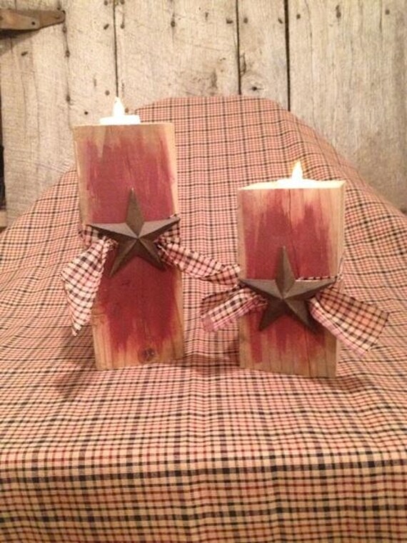 Primitive Candle Holder with Cast Iron Stars by Used2BNewCreations