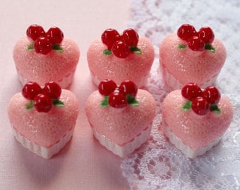 6 Pcs 3D Strawberry Heart Cake Cabochons - 15x15mm