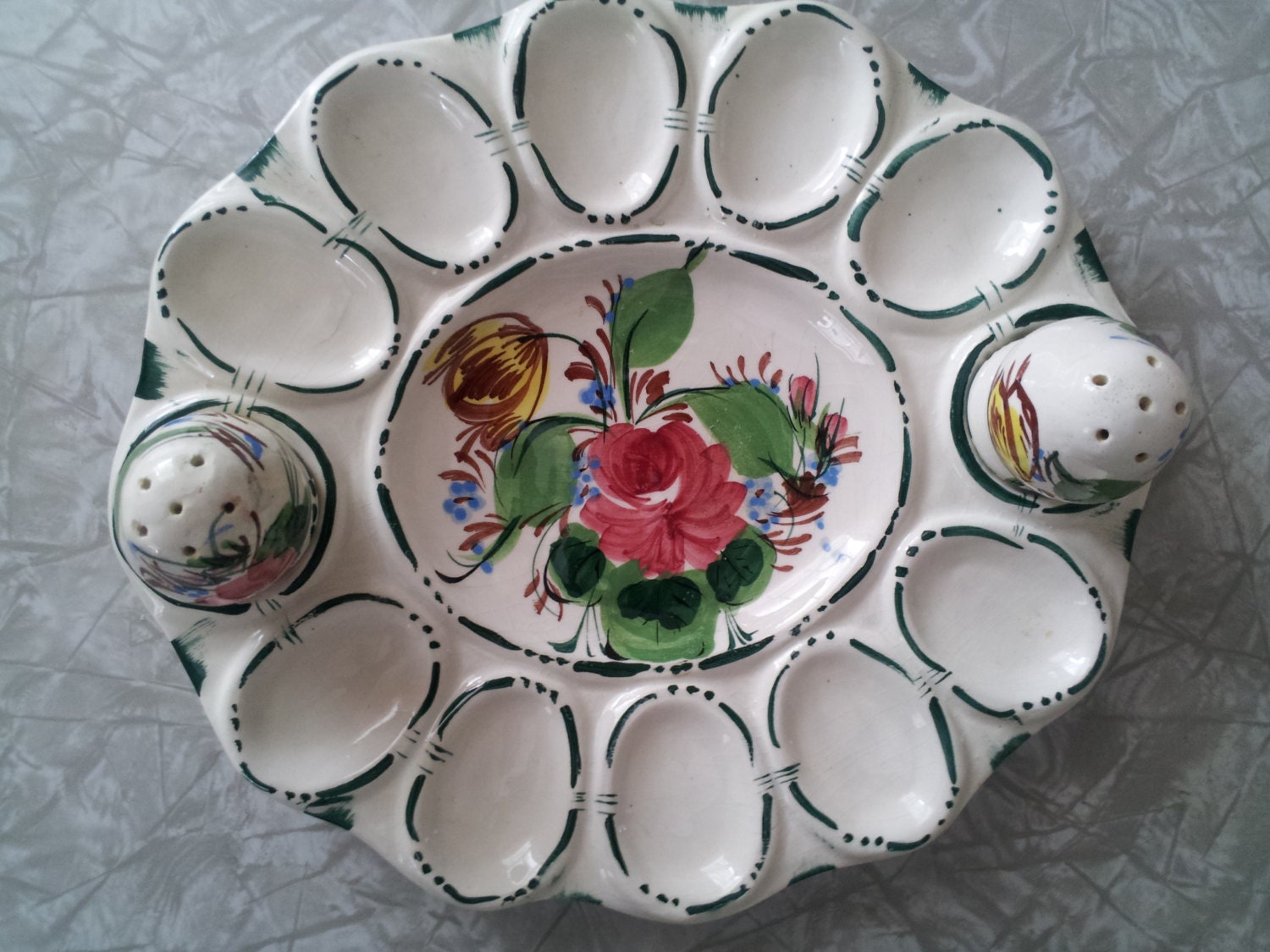 Vintage Hand Painted Italian Deviled Egg Plate with Salt and