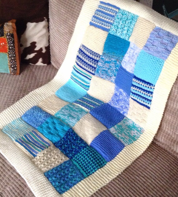 Items similar to Knitted Patchwork Blanket Blue Baby Blanket Lap