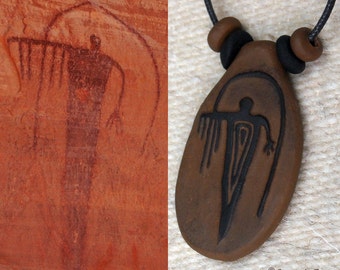 Primitive Fremont, Anasazi, Hopi, Moab -Rock Art Pictograph Clay Pendant - Rain Shaman