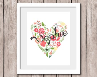 PRINTABLE Personalized Wall Art Print - Floral Love Heart 8"x10" Children Bedroom Decor