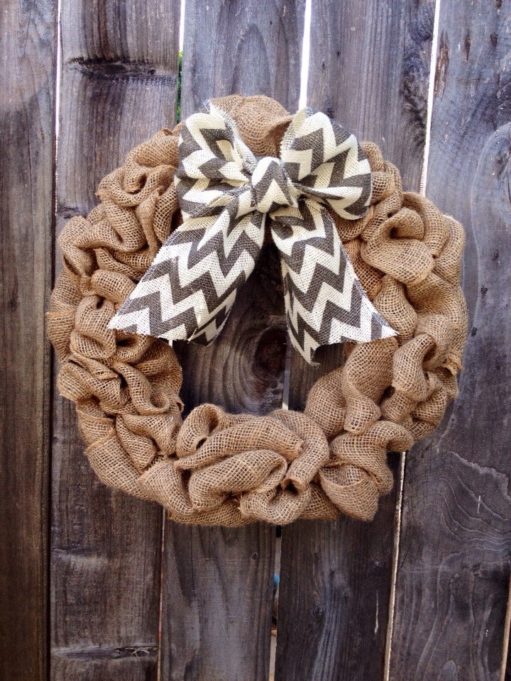 Natural Burlap Wreath with Chevron Bow