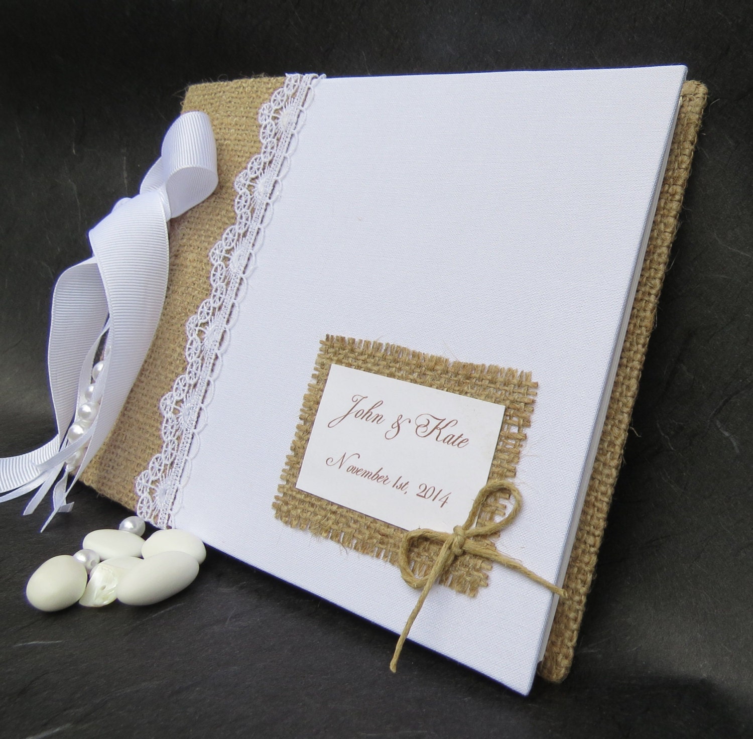Vintage guestbook Lace burlap and linen fabric Rustic guest