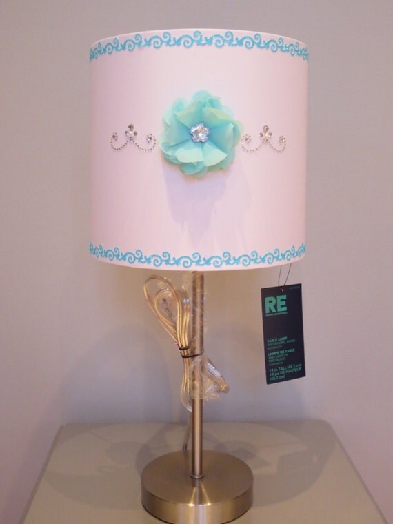 Girly Glam Lamp w/white lamp shade mintyaqua floral