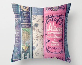 A Perfect Library Pillow- INSERT INCLUDED - Books, Decor, Bedding, Nursery, Girl's Room, Jane Austen, Alice in Wonderland, Fairy Tales, Pink