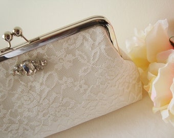Bridal Clutch / Wedding clutch / Dinner ( Ivory ) - Rhinestone DIAMOND Stone Ivory Lace Clutch