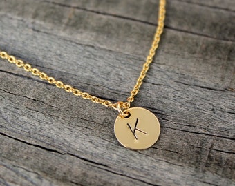 Gold Initial Necklace / Bridesmaid Gift / Gold Disc Initial Necklace / Hand Stamped Initial / Mothers Necklace / Mommy Jewelry / Gold Fill
