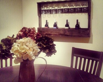 Rustic Chic 10 - 12 Bottle, 8 Glass Handmade Reclaimed Wood Wine Rack, rustic, storage shelf, glass rack, bar storage, wood anniversary