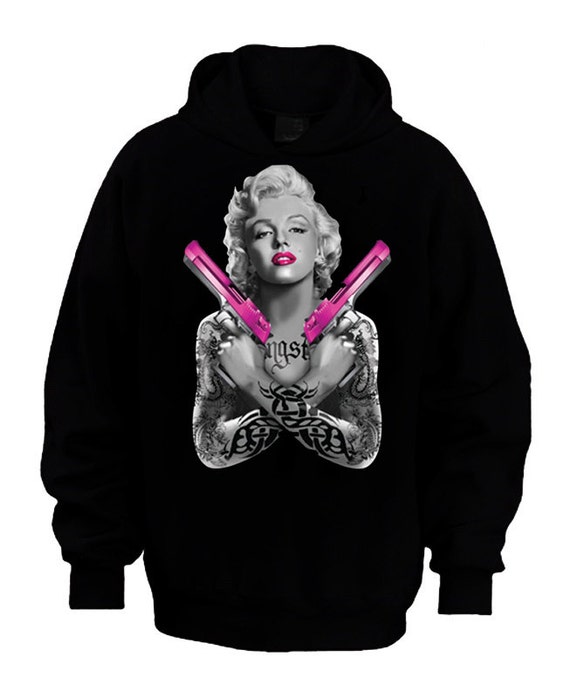 Marilyn Monroe With Guns -  Black Hoodie - S-XXL - Party - Miley - Molly Drake - Lebron