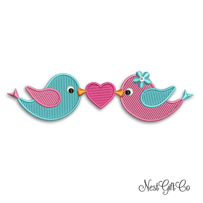 Love birds embroidery design cute two birds with hearh full Love birds embroidery design cute two birds with hearh full