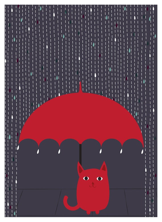 Cat Art Print Giclee Rain Kitty Cat Lover Art Rainy Day Cat