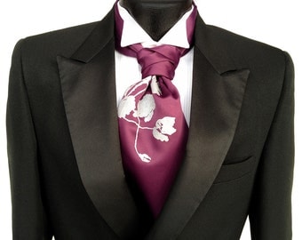 Poppy cravat tie. Self tie mens formal ascot. Elegant floral screenprint. Your choice colors.
