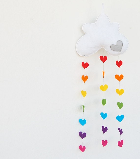 Raining Rainbow Love Hearts Cloud Mobile - A Funky Felt Wall Decoration from Clara Luna