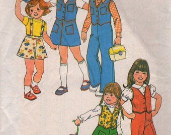 Simplicity 7321 1970s Girls Western Style Vest Skirt and Pants Pattern Detachable Suspenders Childs Vintage Sewing Pattern Size 5 Breast 24