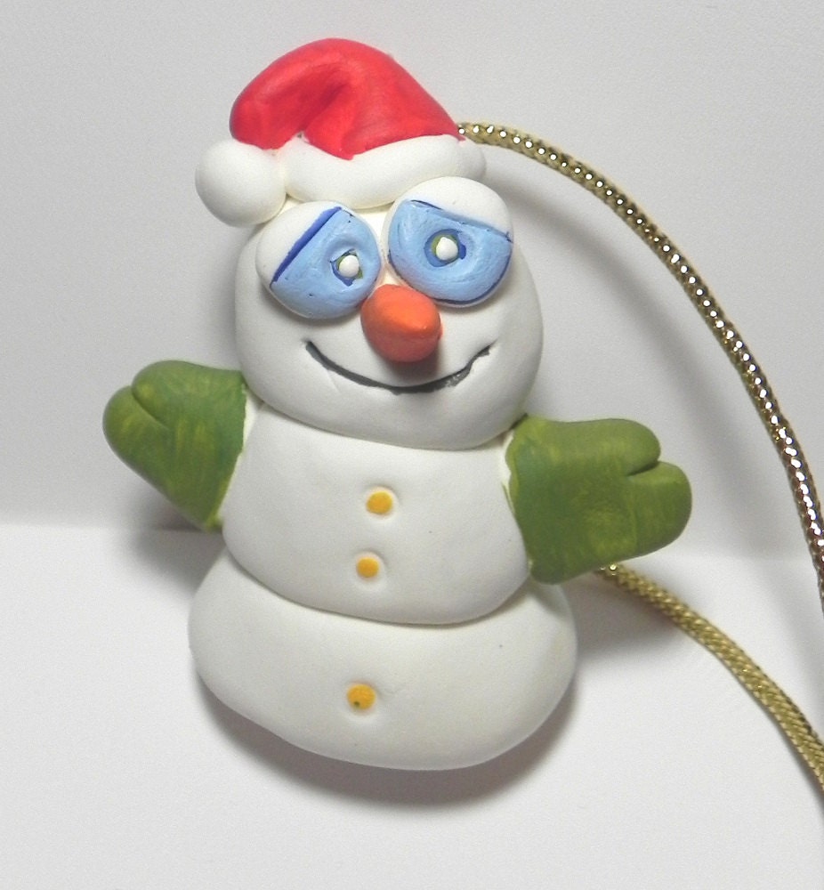 Christmas decor / Snowman ornament / Holiday decor / xmas decorations / snowman with green mittens / clay figurine / O224