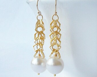 White Pearl Dangle Earrings, Pearl Dangle Drop Earrings