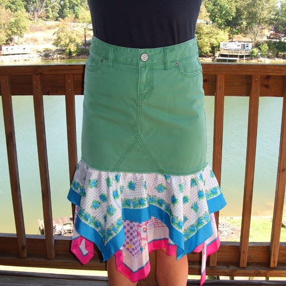 Items similar to Size 2 Silk Scarf Skirt, Green Denim, Recycled