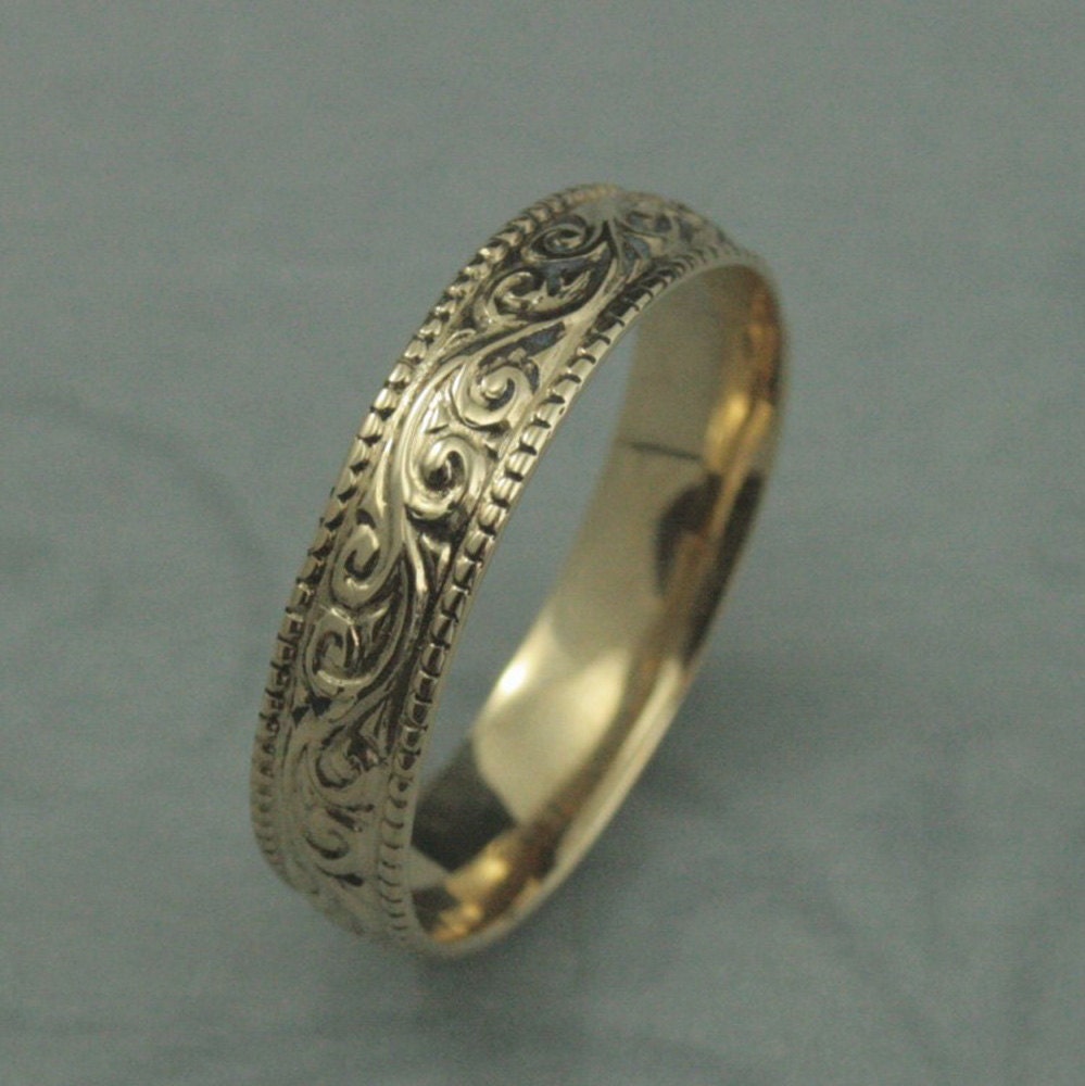 14K Gold Flourish Wide Wedding Band-Swirl Patterned Ring with