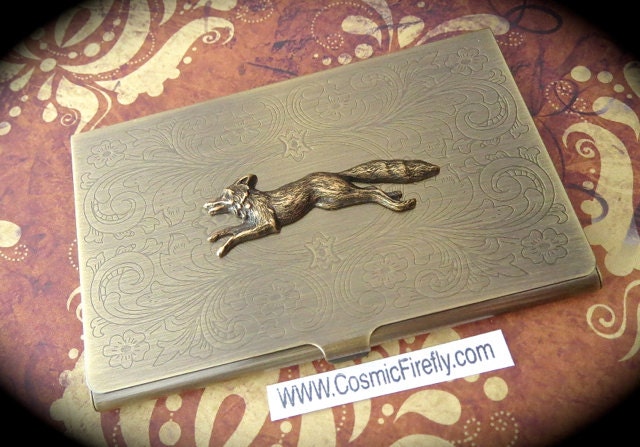 Brass Fox Business Card Case Gothic Victorian Vintage Inspired Steampunk Card Case The Fox Say Slim Fancy Card Case Running Fox