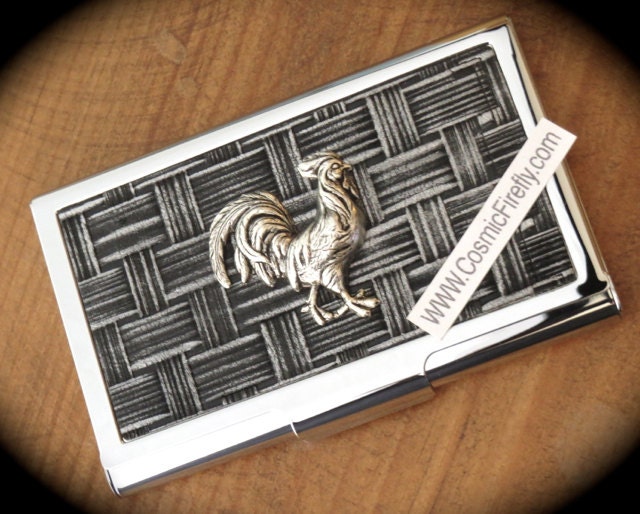 Silver Rooster Business Card Case Silver Card Case Steampunk Card Case Silver Cock Card Case