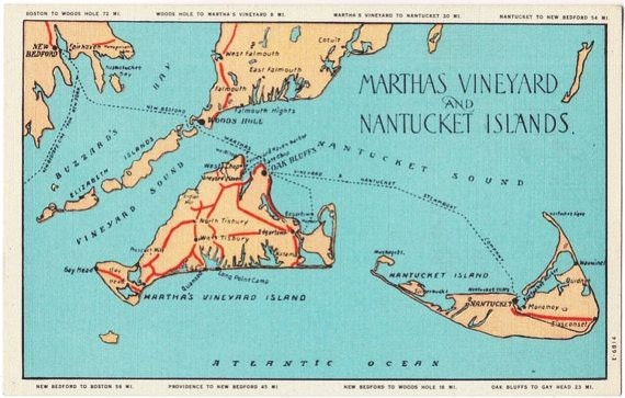 Vintage Postcard Map of Martha’s Vineyard and Nantucket