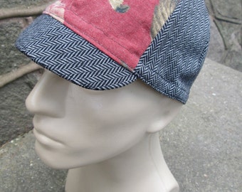 Cycling Cap - Red Roses and Herringbone (Medium/Large)