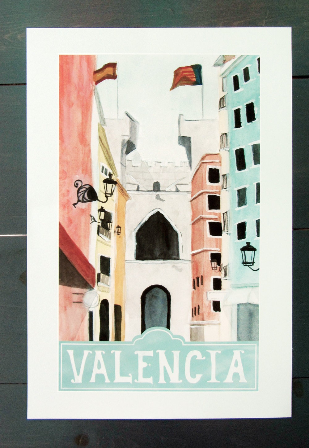 Valencia Spain Travel Poster art print of an by StripedCatStudio