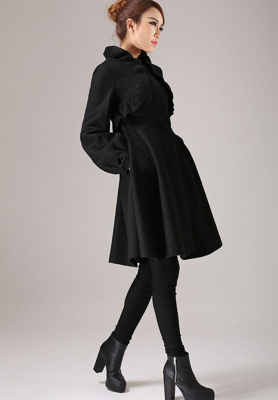 Designer clothing black coat ruffle coat winter jacket