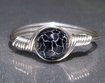 Black & White Effloresce Web Agate Argentium Sterling Silver Wire Wrapped Ring Custom Sized
