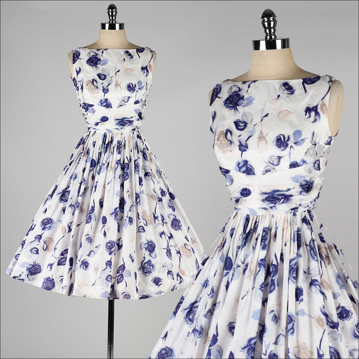 vintage 1950s dress . blue floral print . deadstock with tags