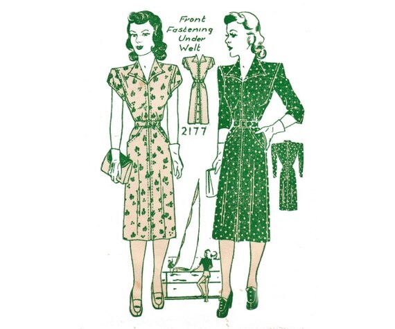 1940s Plus Size Shirt Dress Pattern Pauline 2177 Original Vintage Sewing Pattern Bust 40 inches UNUSED Factory Folded Sew For Victory