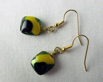 Yellow Green Black Fused Glass Earrings