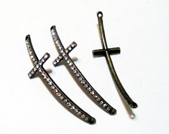 Cross Bracelet Connector - Brass Cross Sideways Curver Necklace Link - Clear Rhinestone Charm with 2 Loops - (1) Cross - DIY Jewelry Making