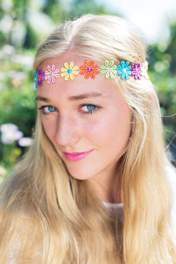 Hippie Rainbow Daisy Headband Daisy Multi Colour Elastic Trim