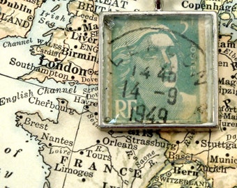 Vintage French Poastage Stamp Pendant Necklace Key Ring - Cancelled Sept 14, 1949