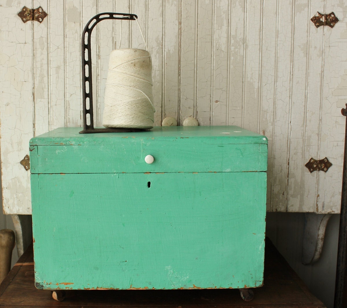 Antique Aqua Painted Pine Storage Box on Wheels Haute Juice