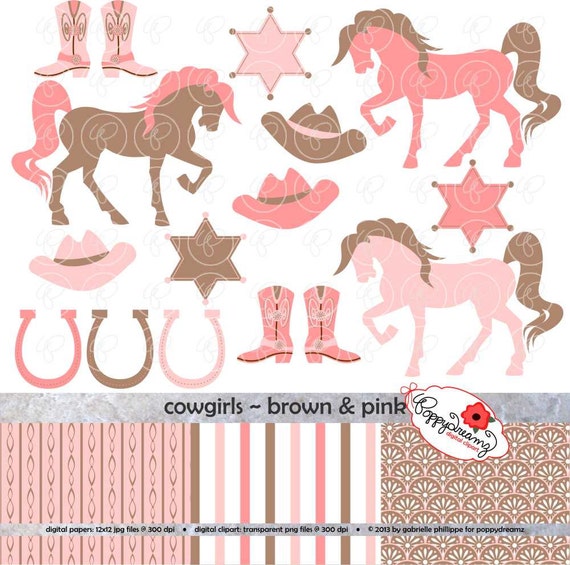 Cowgirls Brown & Pink: Digital Clipart Scrapbook Paper Set