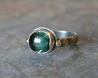 Blue Indicolite Tourmaline Ring Sterling Silver 14K Yellow Gold Statement Ring