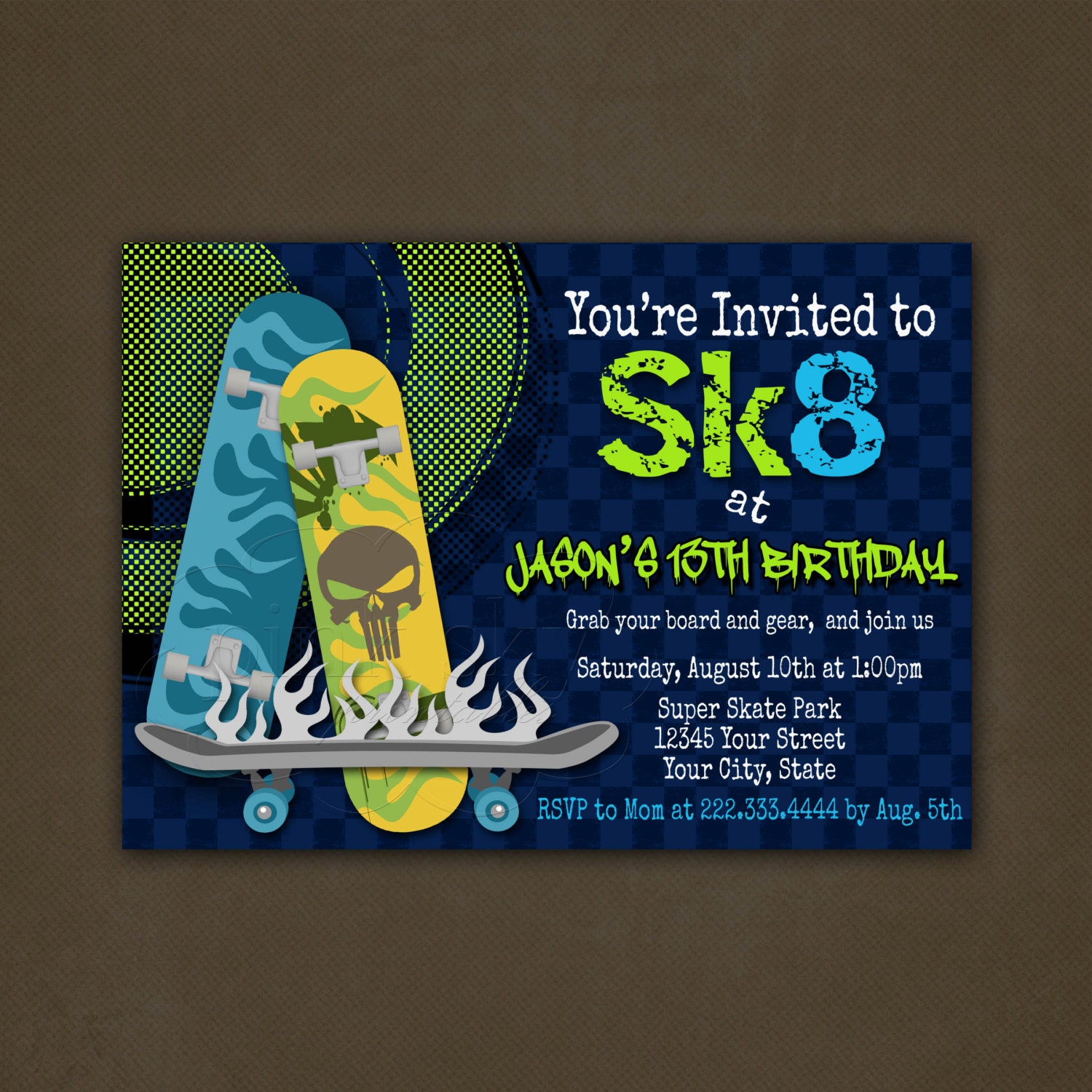 Skateboard Birthday Party Invitations Printable File SK8