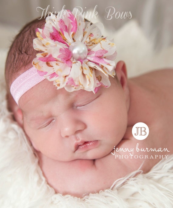 Baby Headband,Pink Baby Headband,Baby girl Headband,Newborn Headband,Flower Headband, Small Bow Headband, Baby Headbands,Baby Hair Bows. by ThinkPinkBows