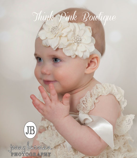 Ivory Headband ,Baby girl Headband,Newborn Headband,Christening Headband,Ivory Flower Headaband, Baptism Headband, Baby Headbands. #45 by ThinkPinkBows