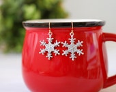 White Christmas Snowflake Earrings. Verdigris Patina Antique Brass White Snowflake Dangle Earrings, Winter Christmas Jewelry Gift Idea