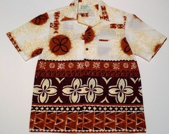 Hawaiian Shirt Vintage Aloha Shirt Altogether Mark Christopher 1970s Tiki Hawaii Island Border Print Brown Batik Polynesian Tribal Designs