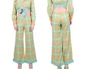 Vintage 70s Hippie Bell Bottoms - 70s Pant Set - Retro Crop Top - Plaid Suit Set - XXS - XS Vintage 70s Hippie Bell Bottoms - 70s Pant Set - Retro Crop Top - Plaid Suit Set - XXS - XS